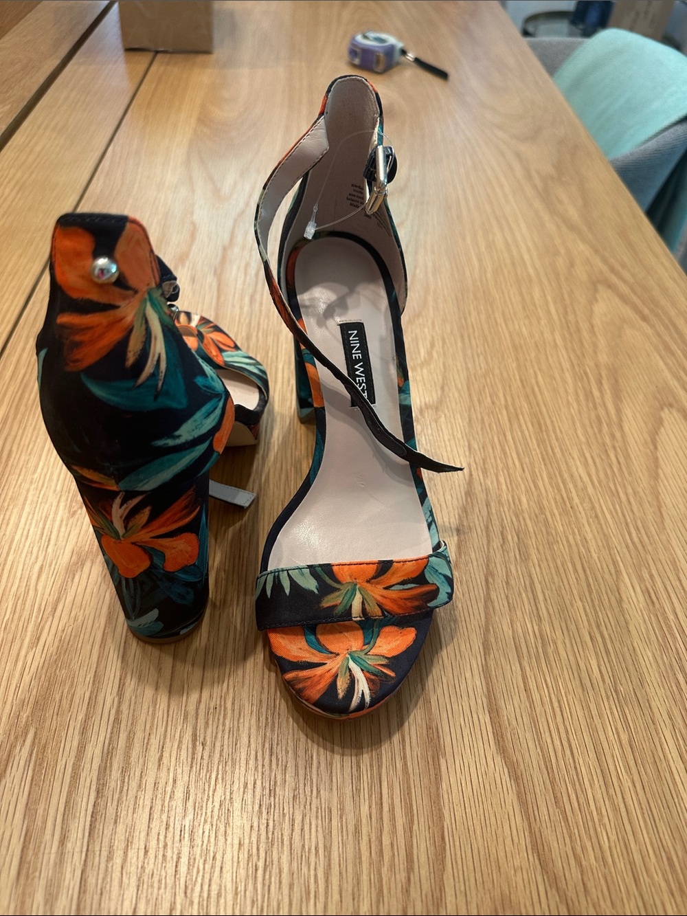 Nine West Orange & Teal Floral Ankle-Strap Block Heels